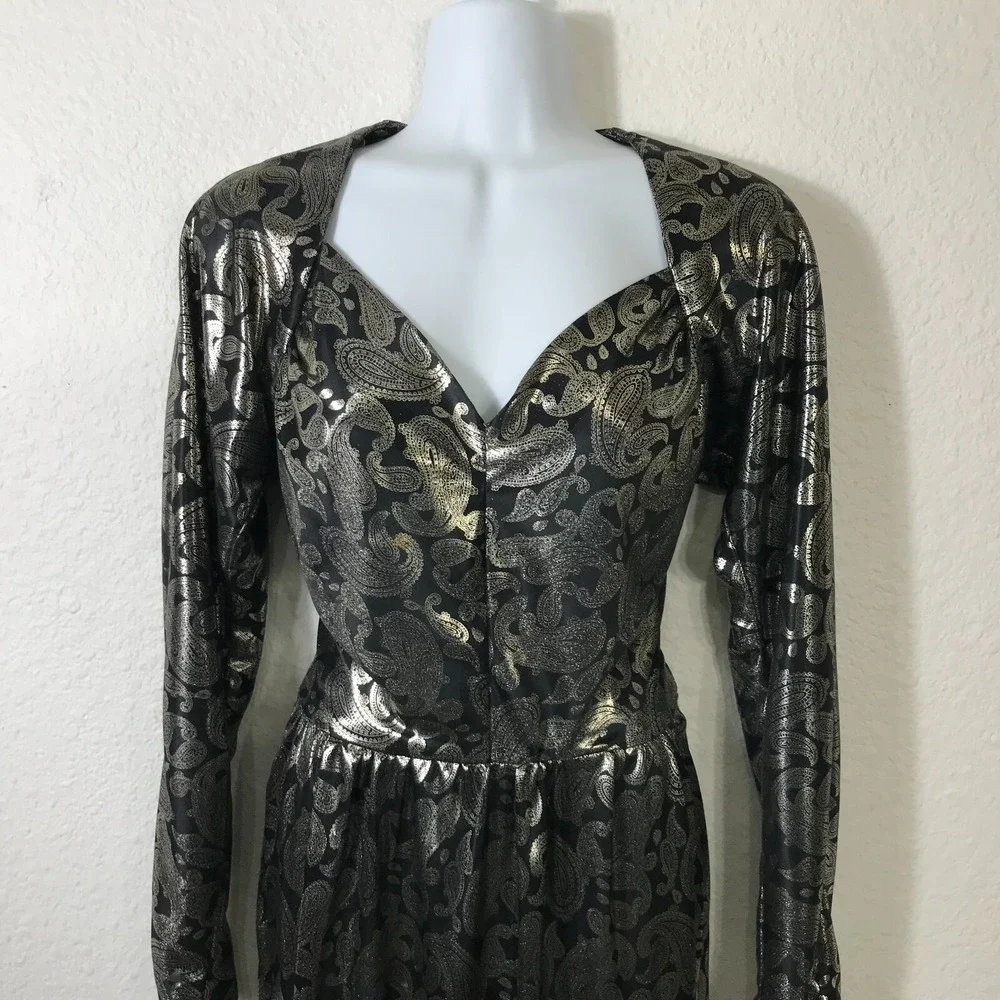 Vintage 80s Homemade Silver Lame Dress XS Paisley Lame Long Sleeve Semi Sheer‎